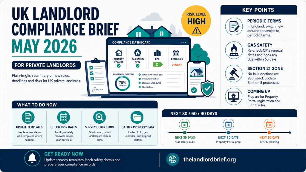 UK Landlord Compliance Brief, May 2026 graphic showing checklist, dashboard, risk level high, key points, and timelines.